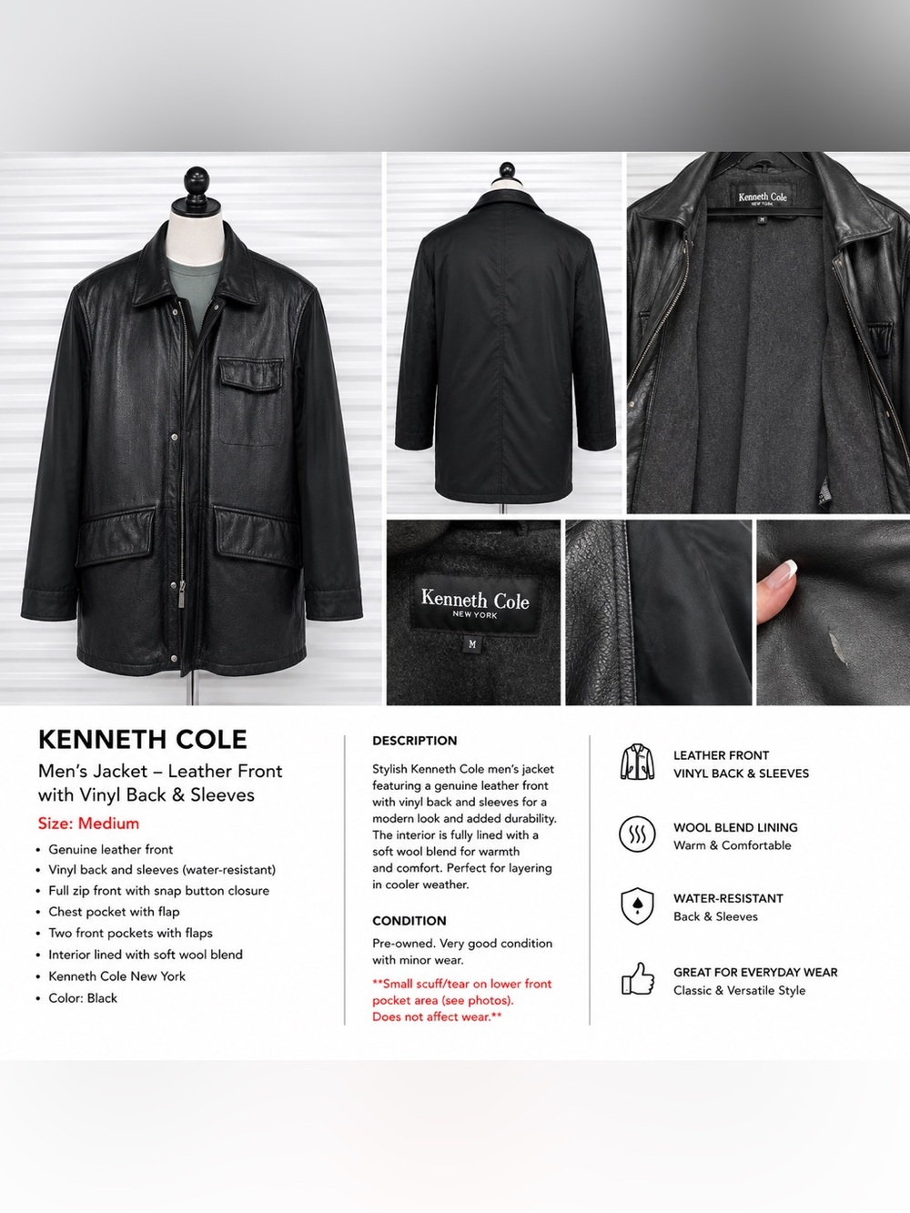 Kenneth Cole Black Leather-Front Coat Jacket